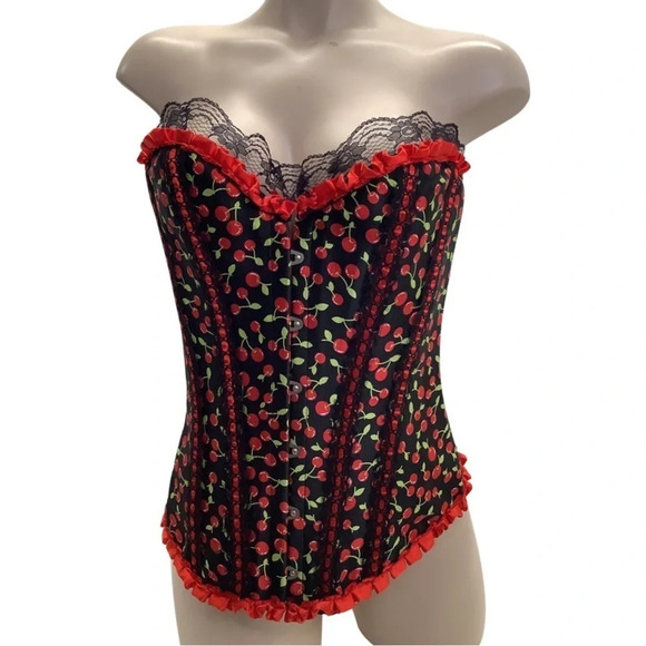 Cherry Print Size Small Satin & Lace Trim, Includes Satin Black Thong. New - Picture 1 of 6